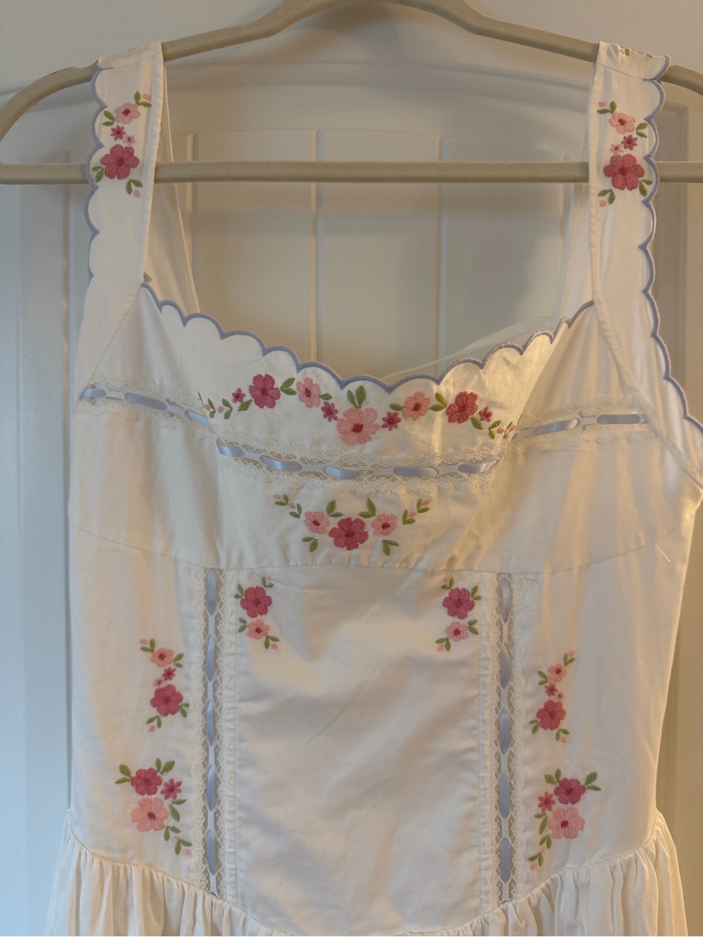 For Love & Lemons Tea Time White Midi Dress with Pink Floral Embroidery - Picture 5 of 15